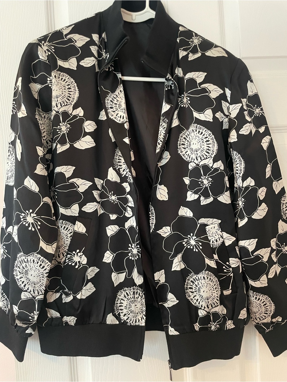 Silk Black & White Floral Bomber Jacket